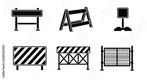 Foto Construction road barrier icons set representing traffic safety street maintenance zone security boundary obstacles architectural site protection symbols industrial fence equipment set
