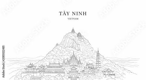 Quadro su tela A blackandwhite line drawing of Ba Den Mountain in Tay Ninh Vietnam featuring hi