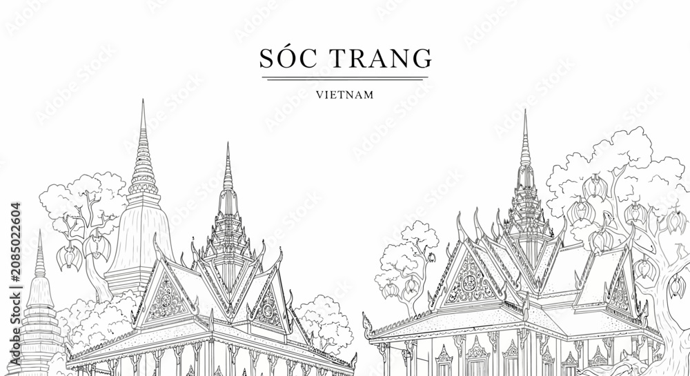 Fototapeta premium A blackandwhite line drawing showing ornate Khmerstyle temple buildings in Soc Trang Vietnam