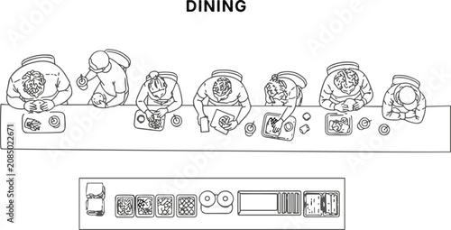 View line of people eating at a long dining table line dining