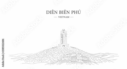 A line drawing of the Dien Bien Phu Victory Monument set atop a hill with mountainous terrain in the background