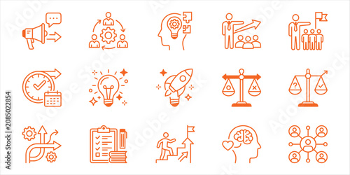Orange vector illustration set of business and productivity icons including communication, teamwork, leadership, planning, and strategy symbols for marketing and design use.