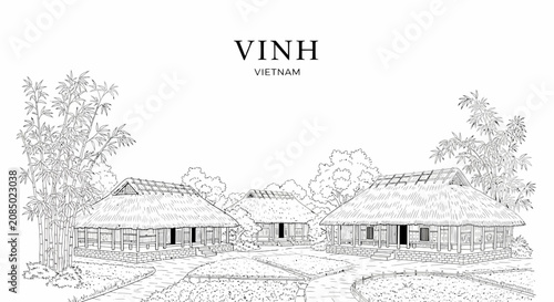 Schilderij op canvas A lineart drawing of a traditional Vietnamese village in Vinh featuring thatched