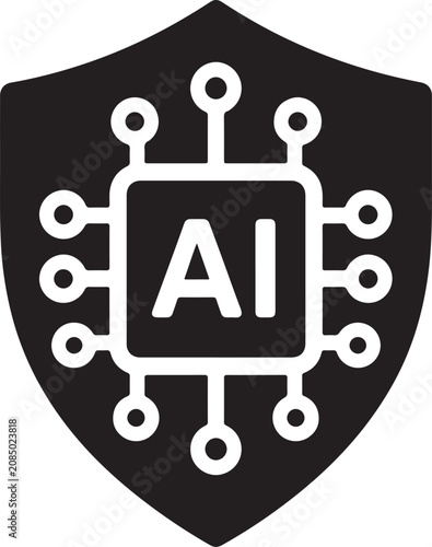 Artificial Intelligence Security Icon Featuring a Digital Microchip Inside a Protective Shield for Cyber Safety