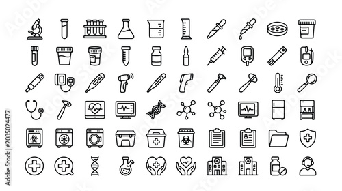 Medical and Healthcare Line Icons Set, 60 essential black outline vector pictograms for health, science, and laboratory use, modern minimalist design for web and app interfaces