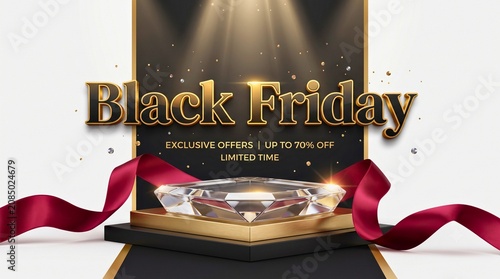Artwork showing Black Friday text in shiny gold letters, exclusive offers tagline, diamond pedestal, red ribbon, and spotlight stage background
