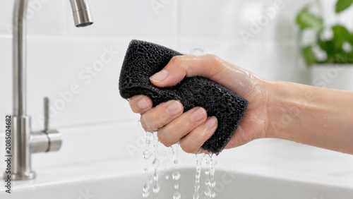 Hand black sponge water droplet sink faucet kitchen cleaning white tile, close up grip squeezes wet porous scrubber, stream falling into basin, clean home hygiene concept