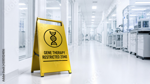 Yellow metallic frame sign, gene therapy restricted zone, helix symbol in bright clinical laboratory corridor with white floor, glass wall, sterile research facility
