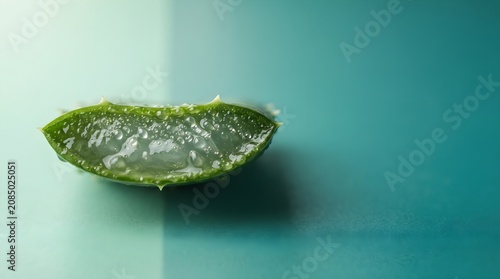 Aloe vera leaf with water drops on a blue background for skincare and wellness concepts