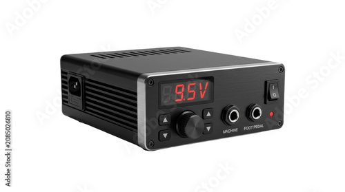 Compact digital power supply unit with red LED voltage display and front control knobs on white background, ideal for electronics testing and hobby projects

