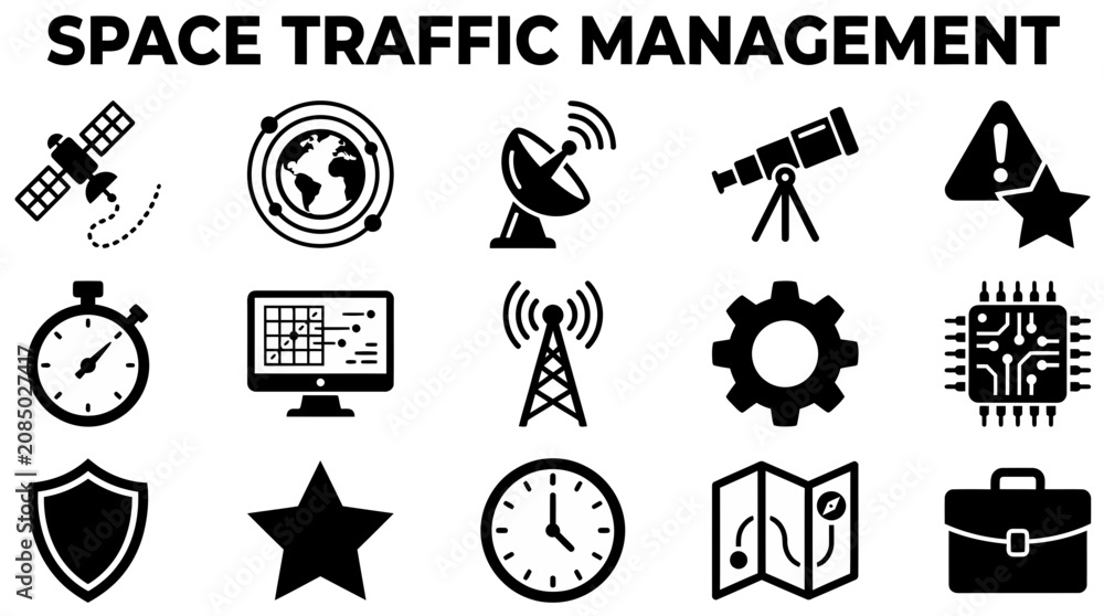 Fototapeta premium An infographic titled SPACE TRAFFIC MANAGEMENT featuring fifteen distinct black icons arranged in a threebyfive grid