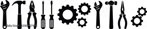 Konstfotografi Black silhouette icons of various hand tools and mechanical gears arranged in a
