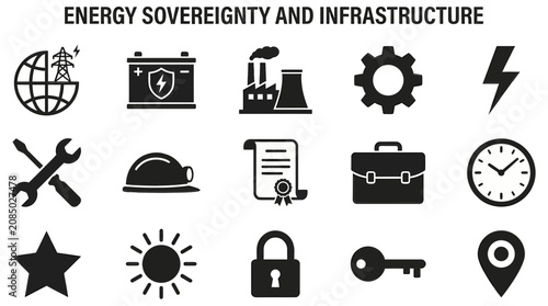 фотографія Grid of 15 black icons on a white background under the title Energy Sovereignty