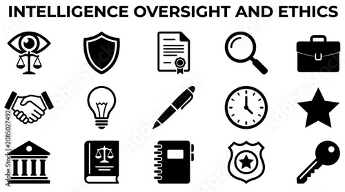 Fotografie Grid of 15 black icons representing symbols of oversight and ethics against a wh