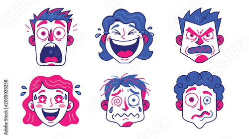 Konstfotografi Collection of six illustrated cartoon faces expressing various emotions and feel