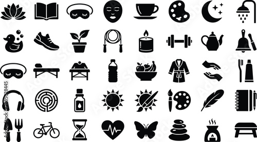 Tableau sur toile Selection of black icons illustrating concepts of self improvement, fitness, and