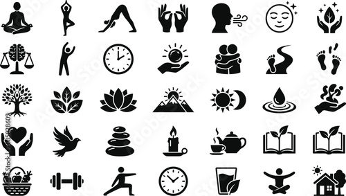 Yoga and holistic wellness lifestyle icon set for mental health spiritual practice and daily routine