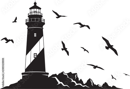 Lighthouse silhouette vector illustration at sunset over ocean, seaside tower beacon for navigation, travel concept in Spain, sea sky architecture beach water horizon