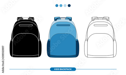 Kids backpack vector illustration shown in front view with black, colored, and outline styles for school, education, branding, packaging, catalogs, and product presentation.