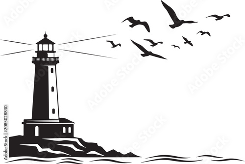 Lighthouse Silhouette Vector Illustration on Coastal Sea Horizon, Ocean Sky and Water, Nautical Beacon Tower on Coastline, Navigation Safety Landmark, Island Beach Travel Landscape