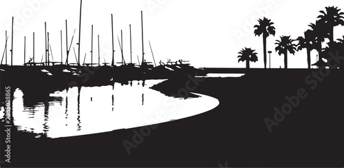 Silhouette palm tree and sailboat at sunset over calm lake with reflections, vector landscape illustration of nature, sky, sea, harbor, sunrise and evening mood