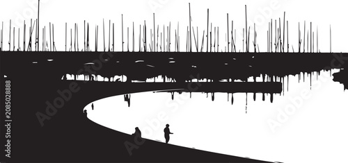 Vector grunge background with silhouette of horse and nautical cargo ship on sea, abstract ocean landscape with boat, water, sky, black and white illustration, industrial transport travel concept
