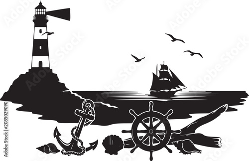 Pirate Ship Silhouette Vector Illustration Sailing at Sea Near Lighthouse and Istanbul Skyline with Bridge Nautical Vessel Ocean Travel Icon Art in Black