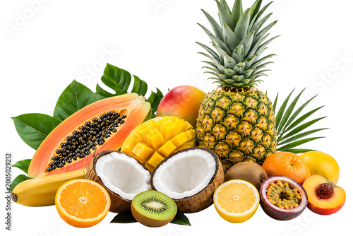 Tropical fruit assortment with pineapple mango papaya coconut citrus kiwi passionfruit banana and green leaves for wellness isolated on a transparent background