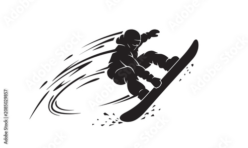Quadro su tela Dynamic snowboarding action silhouette with swirling motion trails and scattered snow bits