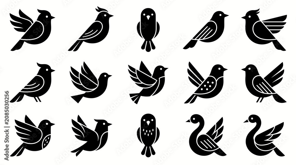 Fototapeta premium Collection of diverse bird silhouettes in various poses and species.