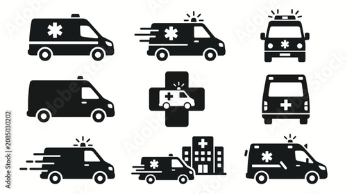 Collection of ambulance icons in various views and dynamic representations.
