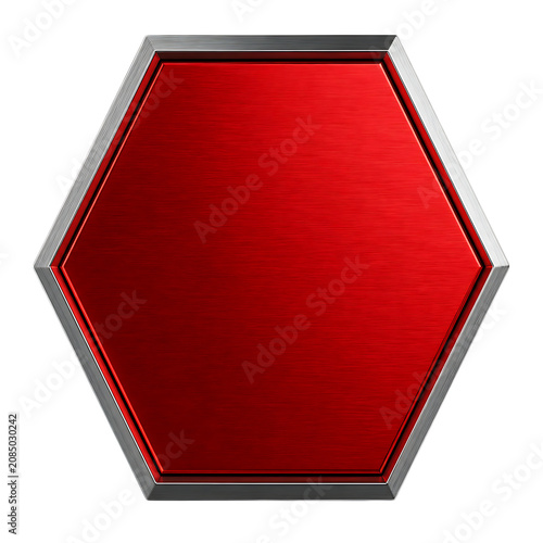 Red metallic hexagon plaque with silver border and brushed surface for futuristic badge template modern emblem sign isolated on a transparent background