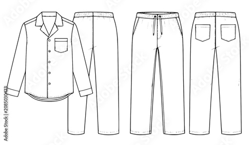 Men's Sleepwear Pajama Set Fashion Flat Black Outline Vector