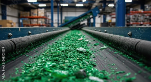 green plastic flakes move on conveyor belt in industrial recycling facility