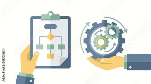 Hands hold a clipboard with a flowchart and mechanical gears to symbolize project planning and operational efficiency.