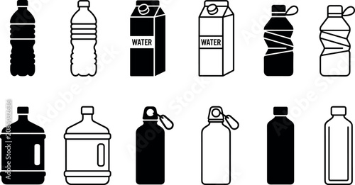 Φωτογραφία Water bottle icon set with plastic drink bottles cardboard milk cartons crumpled recycled plastic sport flasks and large cooler jugs vector collection