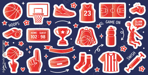 Fotografía Collection of basketball-themed stickers and elements in red and white on a dark blue background, perfect for sports enthusiasts and graphic design projects