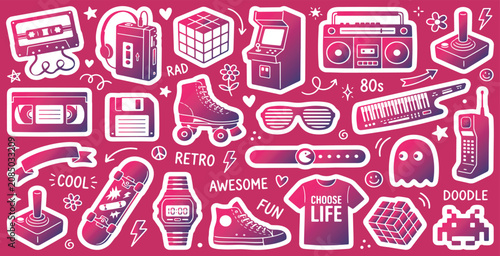Tableau sur toile Retro 80s and 90s doodle stickers set with gradient colors, featuring vintage gadgets and pop culture elements