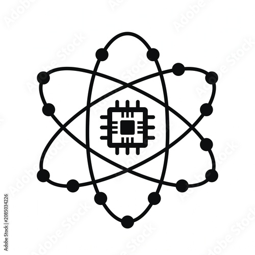 Atom Orbit Microchip Icon, Quantum Technology Line Vector Illustration, Scientific Computing Processor Outline Symbol, Modern Electronic Circuit Design Isolated on White Background for App, UI and Web
