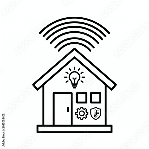Wireless Smart Home Automation Line Icon with Connected Devices, Modern IoT House Outline Vector Illustration Isolated on White Background for Mobile App, Website, UI and Print Design