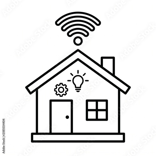 Smart Home Lighting Control Line Icon with WiFi Connection, IoT House Automation Technology, Minimalist Outline Vector Illustration Isolated on White Background for Mobile App, Website, UI and Print