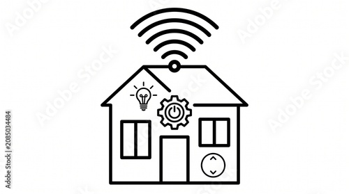 Smart Home Automation Line Icon with Wireless Connection, IoT House Control System, Minimalist Outline Vector Illustration Isolated on White Background for Mobile App, Website, UI and Print