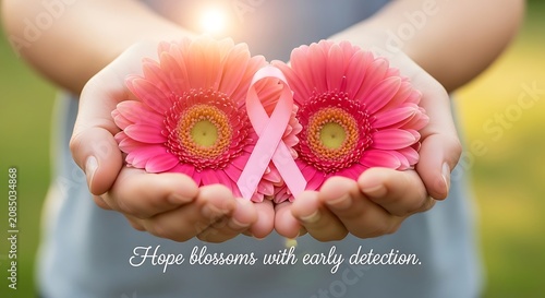 Woman holding pink flowers with breast cancer awareness ribbon outdoors