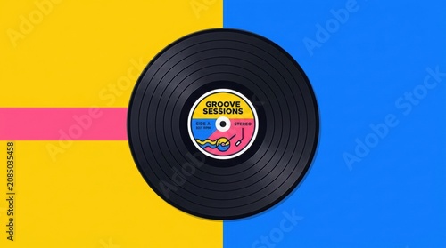 Colorful Modern Vinyl Record Illustration on Divided Background New Minimal Flat design featuring 80 s