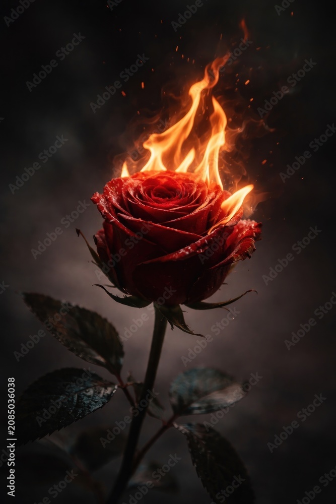 Fototapeta premium Fiery rose ignites dark mystery.