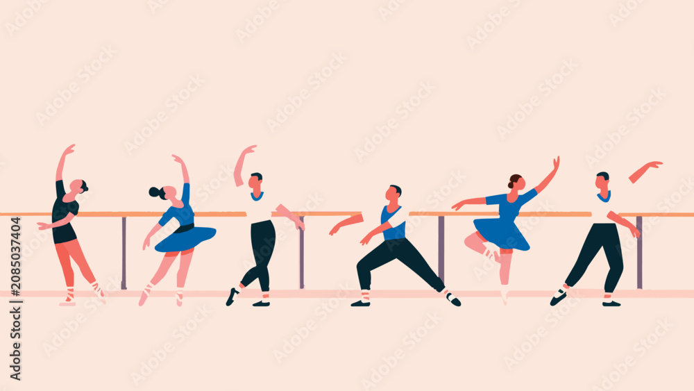 Obraz premium Group of people practicing ballet in a dance studio illustration