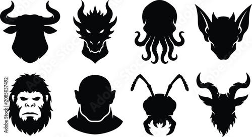Fantasy Creature Silhouette Bundle Featuring Mythical Monster Animal Heads for Vector Logos and Creative Designs