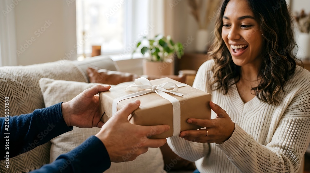 Fototapeta premium Excited asian woman getting surprise gift from her girlfriend at home. Gives a gift, birthday gift, New year day celebration and congratulation 
