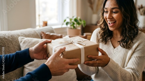 Excited asian woman getting surprise gift from her girlfriend at home. Gives a gift, birthday gift, New year day celebration and congratulation

