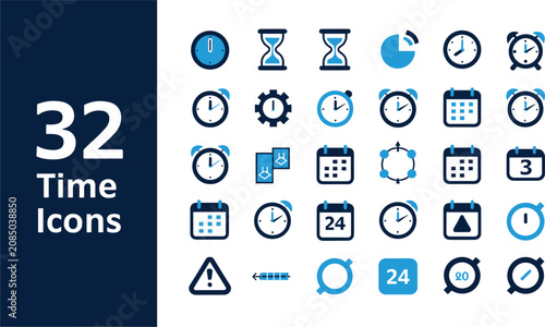 Vászonkép Comprehensive collection of thirty two blue time management icons featuring cloc
